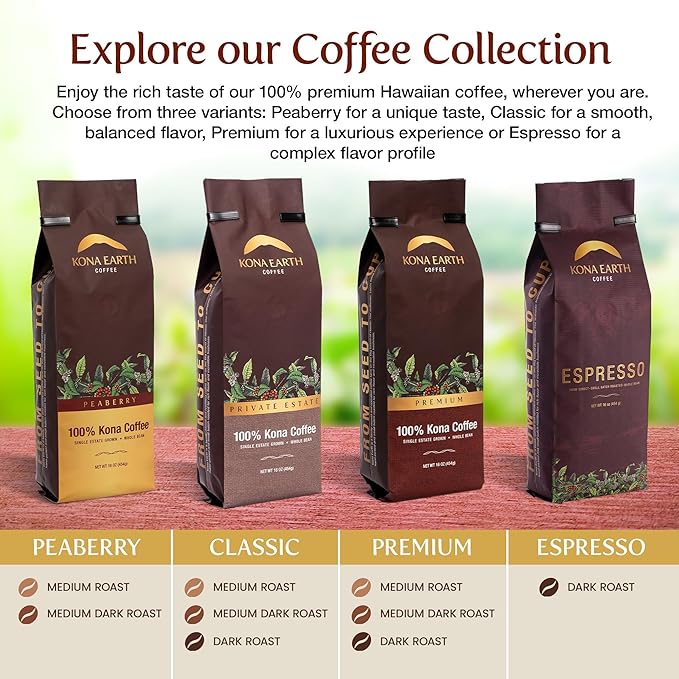 Kona Earth - Dark Roast Hawaiian Espresso Whole Bean 1lb (16 oz) Farm-Direct coffee beans from Hawaii’s Big Island Micro-Batch-Roasted