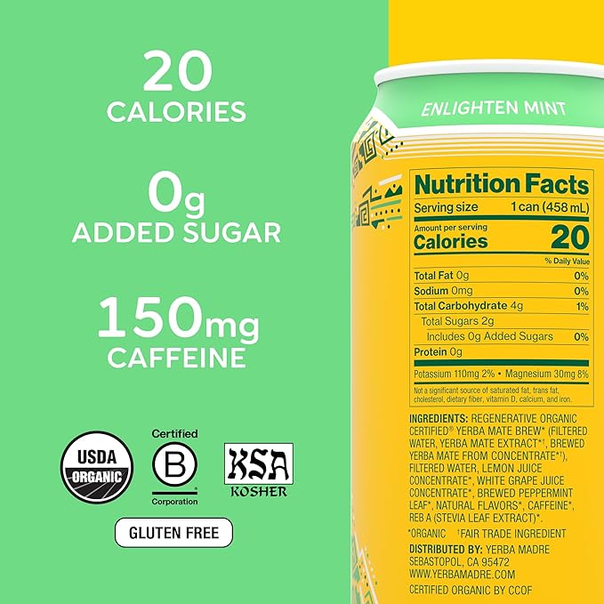 Yerba Madre Organic Yerba Mate Energy Drink Alternative Lower-Sugar Enlighten Mint 150mg Plant Based Caffeine Smooth Energy &amp Focus No Jitters or Crash 15.5oz Cans (Pack of 12)