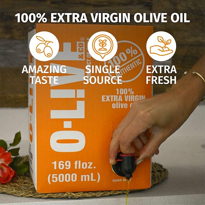 O-Live &amp Co. Extra Virgin Olive Oil - Bag-in-Box - 5L 169FlOz -Bulk - First Cold Pressed - Estate Grown and Bottled - Perfect for Salad Dressings Marinades Sauteing Stir Frying &amp Baking -