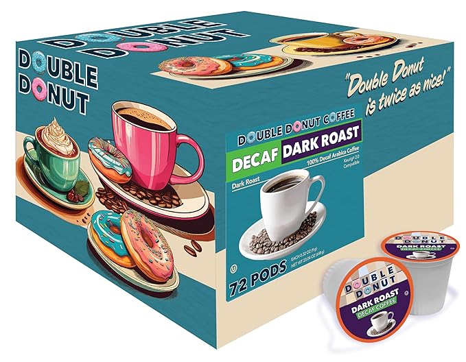 Double Donut Coffee Decaf Extra Bold Blend Dark Coffee pods Dark Roast Coffee Compatible with Keurig K Cups Brewers 72 Count