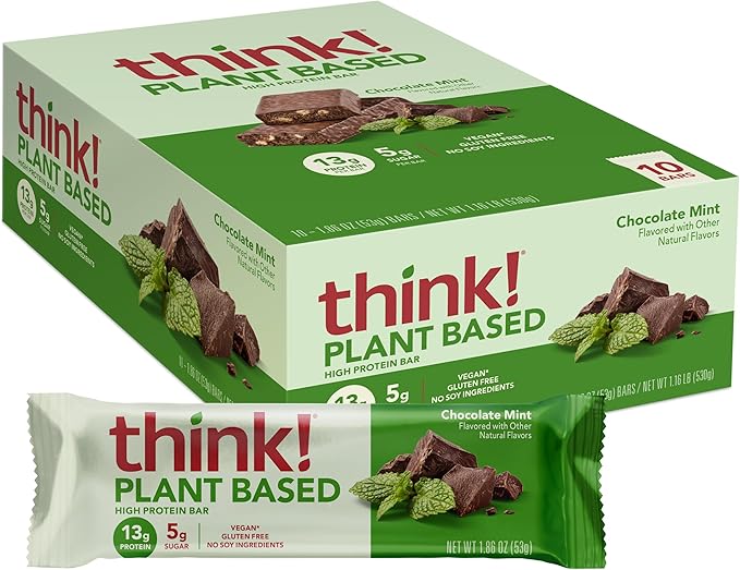 think! Vegan/Plant Based High Protein Bars - Chocolate Mint 13g Protein 5g Sugar No Artificial Sweeteners Non GMO Project Verified 10 Count (Packaging May Vary)