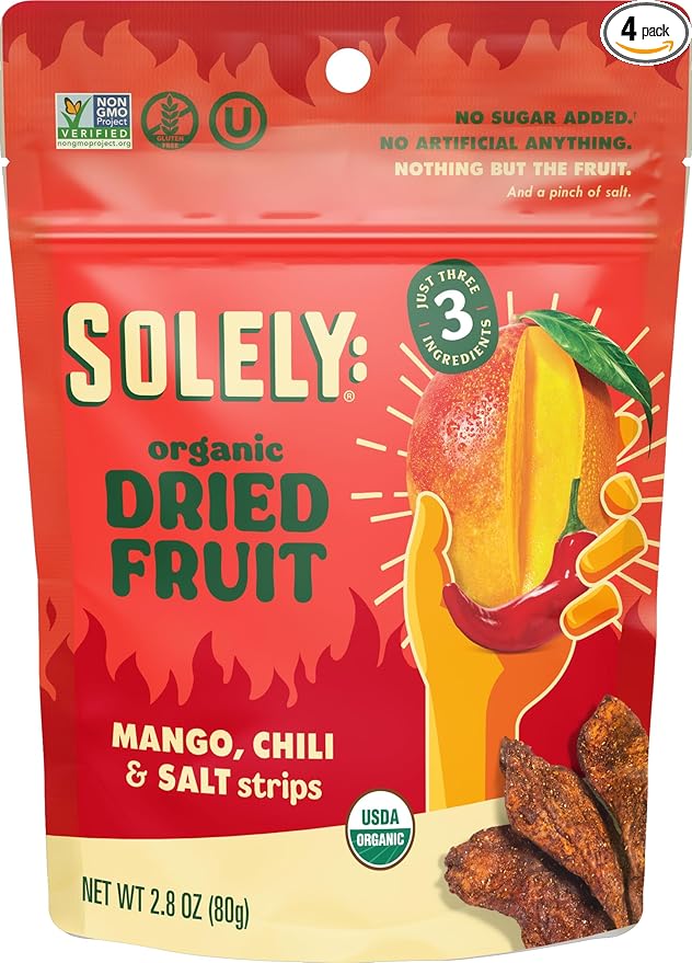 SOLELY - Organic Dried Mango Strips with Chili and Salt (2.8 oz Resealable Bags Pack of 4) Real Fresh Fruit - Healthy Snacks for Adults &amp Kids - Non GMO Vegan Snacks Shelf Stable - 4 Bags (11.2