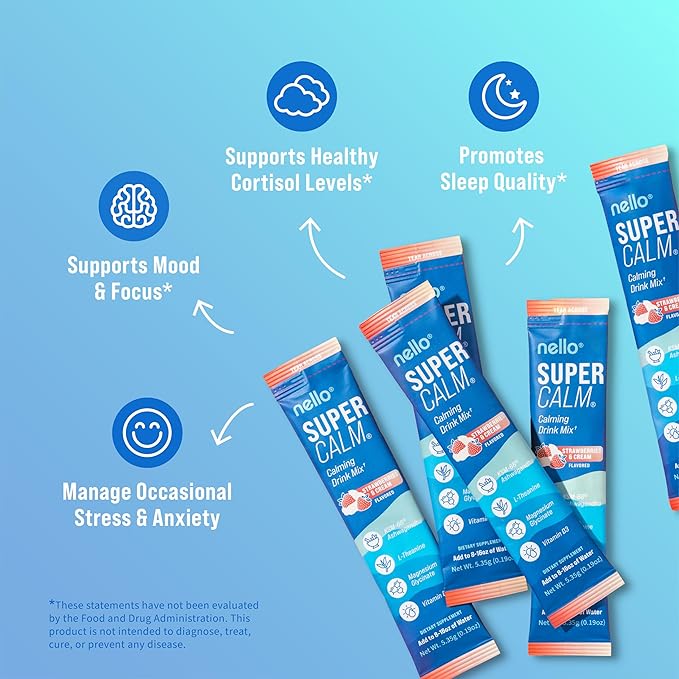 Nello Supercalm Powdered Drink Mix Cortisol Reducer* Sleep Aid Supplement L Theanine Ksm-66 Ashwagandha Magnesium Glycinate Vitamin D 3 No Sugar Non GMO 20 Ct Strawberries &amp Cream