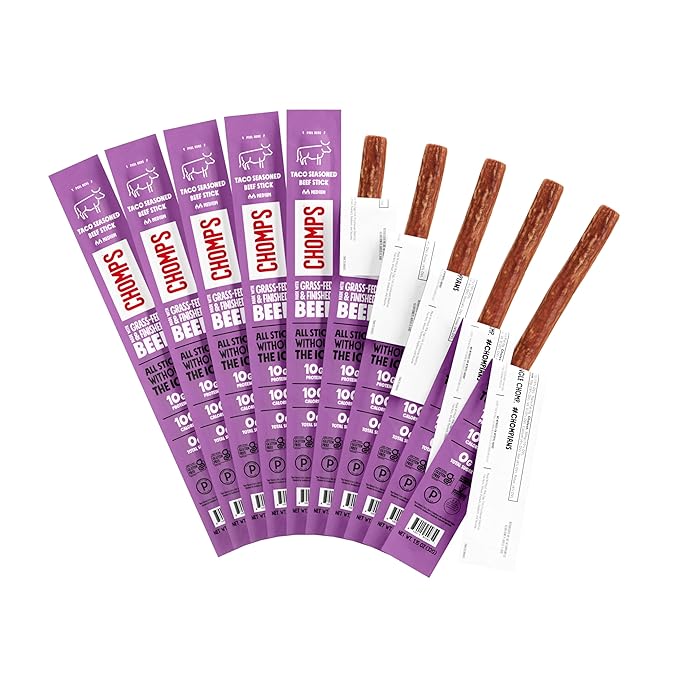 Chomps Grass-Fed and Finished Taco Beef Jerky Snack Sticks 10-Pack - Keto Paleo Whole30 10g Lean Meat Protein Gluten-Free Zero Sugar Food Non-GMO