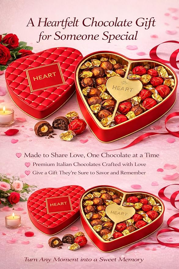 Premium Italian Chocolate Truffles Gift Box - Heart Shaped Valentine's Day Gourmet Assortment - Milk Chocolate Hazelnut &amp Dark Chocolate Luxury Collection - Perfect Anniversary Birthday Gift for W