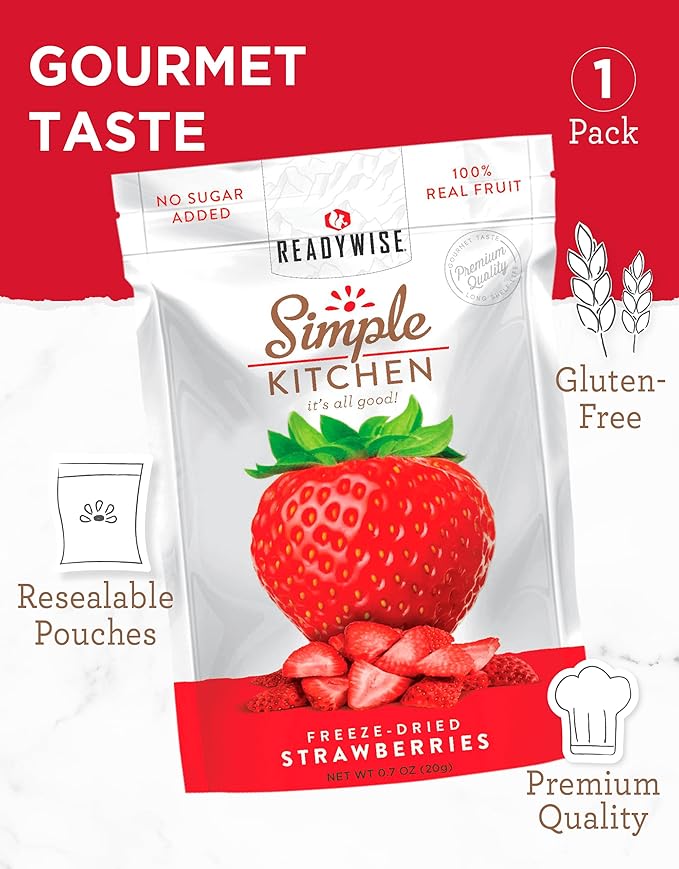 READYWISE - Simple Kitchen Freeze-Dried Strawberries Pack of 1 Vegetarian Gluten Free Snacks Strawberries Dried Fruit Pre Workout Healthy Snacks Camping Backpacking Survival Food
