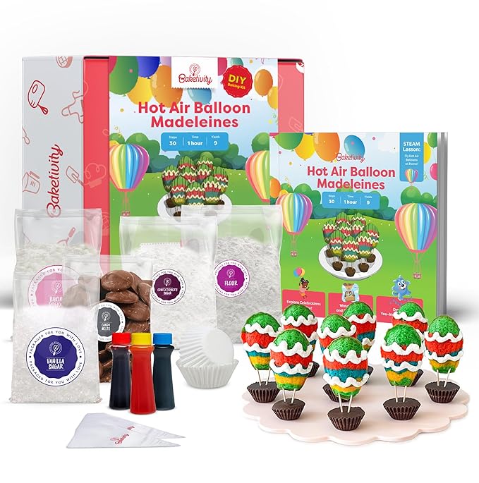Hot Air Balloon Madeleines Kids Baking Kit STEM Learning Activity Pre-Measured Ingredients Silicone Madeleine Mold Colorful Batter &amp Icing Decorating Set Educational Recipe Book for Fun Family Bak