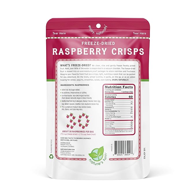 Nature’s Turn Freeze-Dried Raspberry Crisps – Healthy Gluten-Free Crispy &amp Delicious Plant-Based Snack Ideal for Cereal Smoothies School Lunches &amp On-the-Go Bags of 12 (0.53 oz Each)