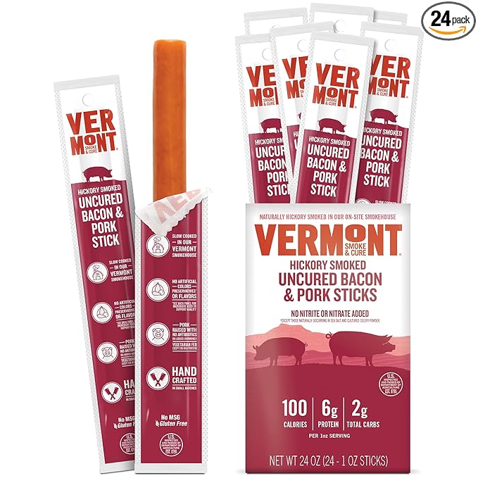 Vermont Smoke &amp Cure - Hickory Smoked Uncured Bacon Pork Sticks - Meat Protein Snack - Portable Healthier Meat Snack for Adults &amp Kids - 1oz Protein Snack - 24 Count