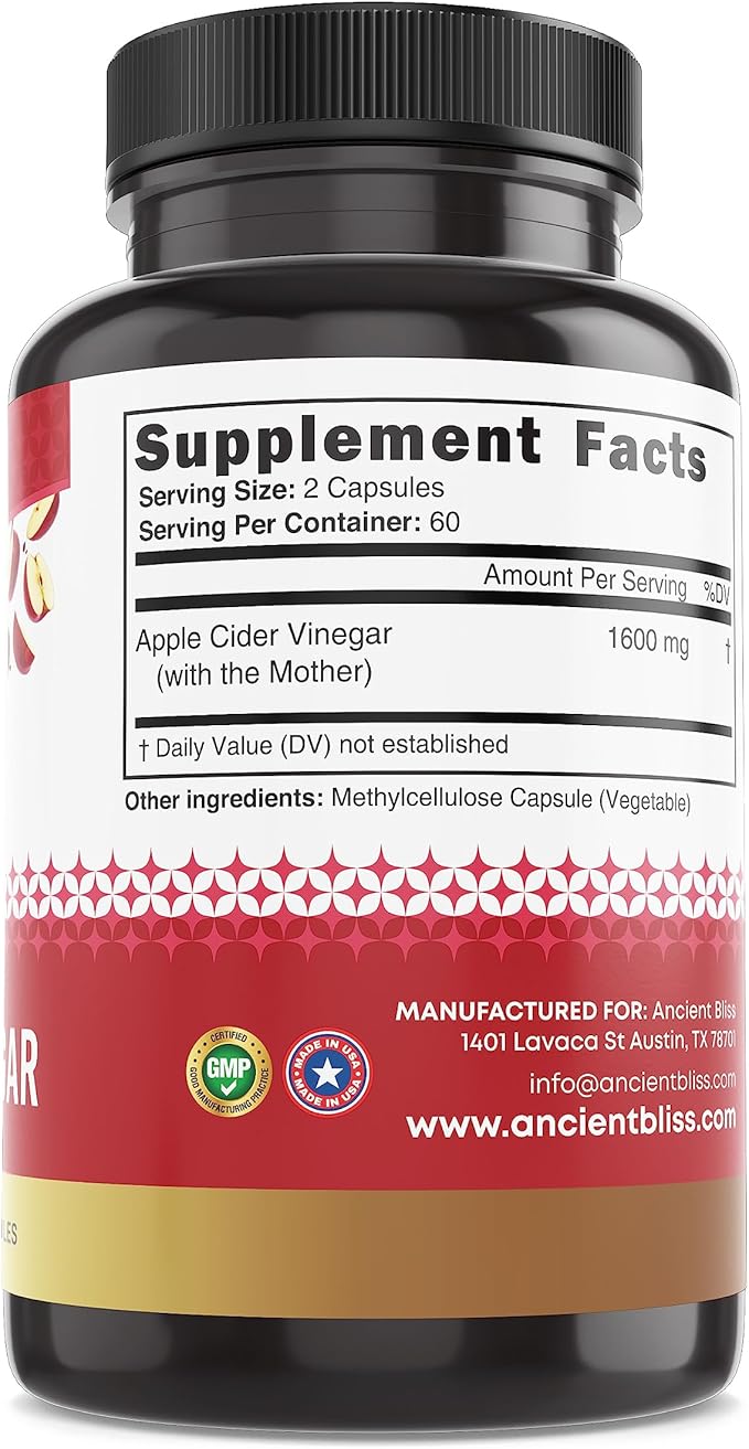 Ancient Bliss Apple Cider Vinegar Organic Capsules with The Mother Helps Improve Digestion Unfiltered Vinegar Capsules 1600MG (120 Capsules)