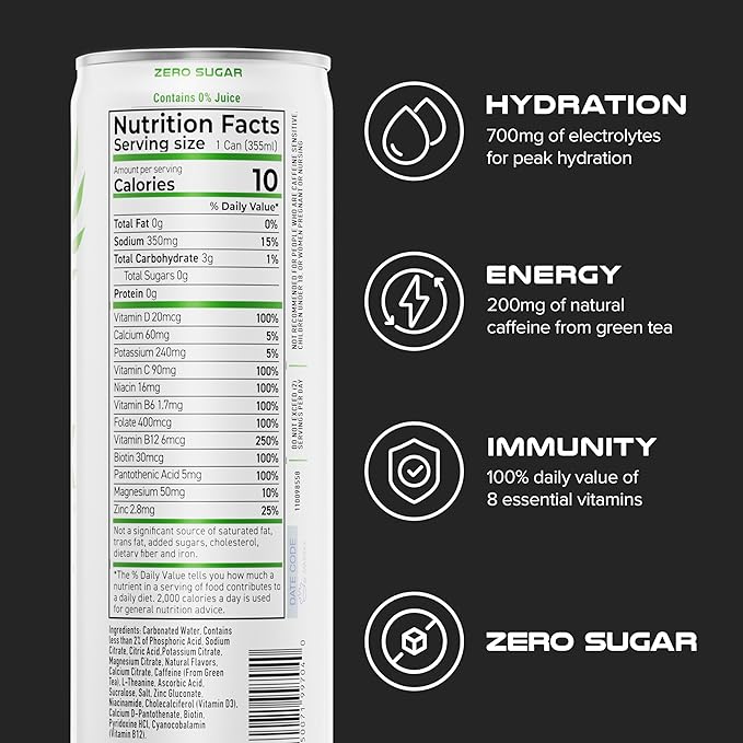 PHX Hydration Energy Drink - 700mg Electrolytes 200mg Natural Green Tea Caffeine 100% Daily Value 8 Essential Vitamins - 12 oz Cans (12 Pack) (12 Pack Lemon Lime)