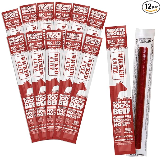 Smoked Mesquite Beef Sticks 15g Protein Per Beef Stick Tender &amp Juicy Extra Large Meat Stick USA Made High Protein Meat Sticks Carnivore Snacks (12 Pack)