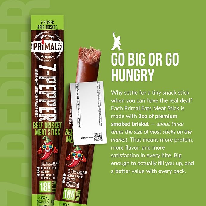 Primal Eats 7-Pepper 100% Beef Brisket Meat Sticks 3oz 10-Pack - 18g Lean Meat Protein Keto Paleo Carnivore Gluten Free Zero Sugar Beef Jerky Snack Stick