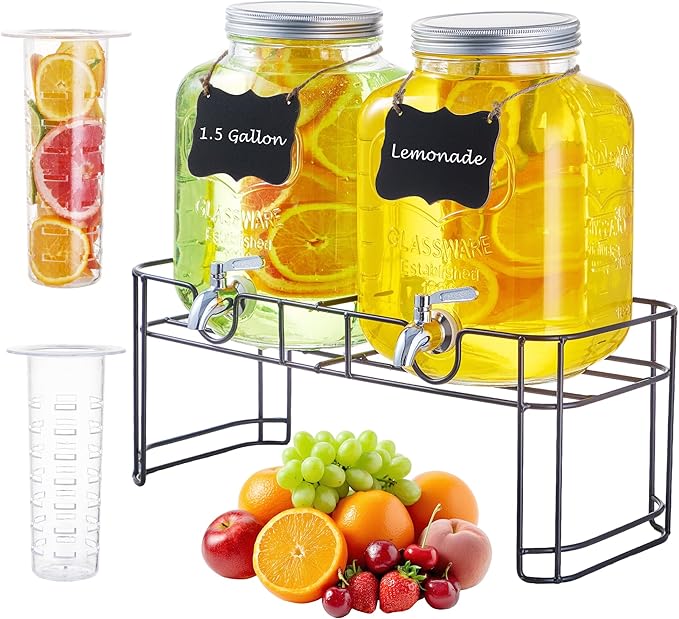 1.5 Gallon Glass Drink Dispensers for Parties 2PACK Beverage Dispenser with Stand Ice Cylinder and Stainless Steel Spigot 100% Leakproof Beverage Dispenser for Lemonade Sun Tea