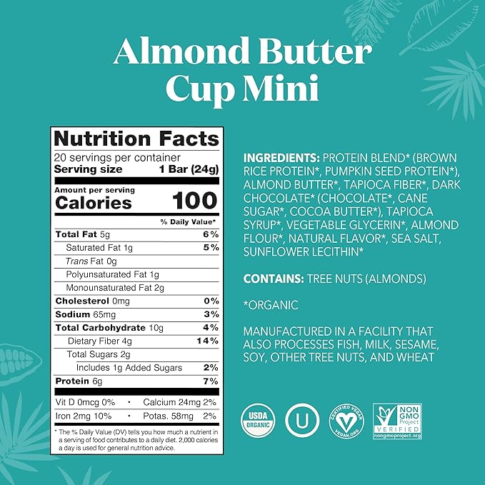 ALOHA Organic Plant Based Protein Bar MINIS | Almond Butter Cup | GLP-1 Friendly 20 Count 24g Bars | Vegan Low Sugar Gluten Free Low Carb Non-GMO No Stevia No Soy No Sugar Alcohols