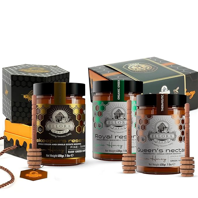 Ellora Farms Greek Honey Bundle – Pine &amp Thyme Raw Honey (450g) + Organic Thyme &amp Orange Blossom Raw Honey (2x1lb) – Single Estate Unfiltered Cold-Pressed Includes Wooden Dippers
