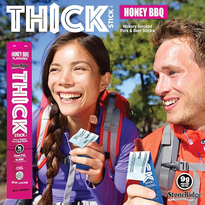 THICK STICK - STONERIDGE OLD-FASHIONED QUALITY HONEY BBQ - Hickory Smoked Pork and Beef Snack Sticks Gluten Free No MSG 15 Count THICK 1.5 oz Sticks High Protein Soy Free 15 Count