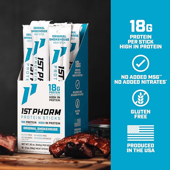 1st Phorm Meat Sticks Original Smokehouse 18G Protein per Serving USA Raised Lean Beef and Pork High Protein Snacks Gluten Free No Msg or Nitrates Individually Wrapped 15 Count