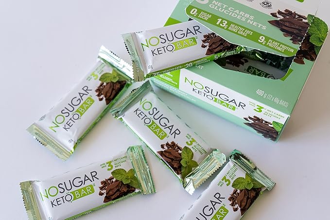 No Sugar Keto Bar Snack - Low Carb No Sugar Keto Snack Food with Keto Friendly Macros (12 x 1.41oz Bars Chocolate Mint)