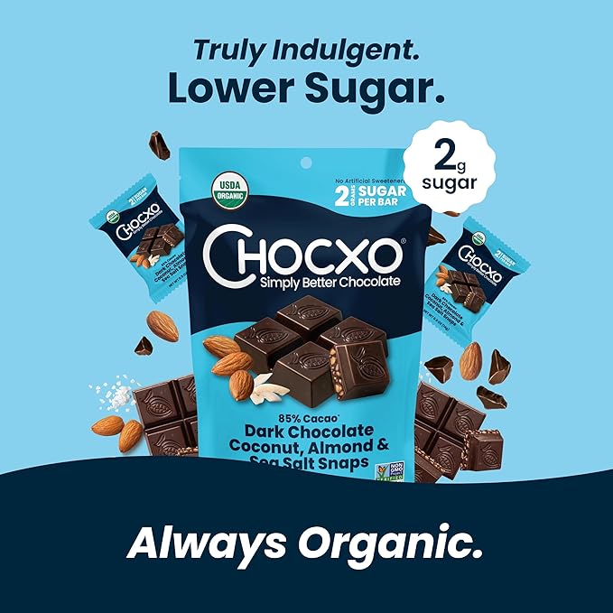 Chocxo Dark Chocolate Coconut Almond &amp Sea Salt Snaps - Low in Sugar Organic 85% Cacao Non-GMO Keto Certified Gluten Free &amp Kosher. No Artificial Sweeteners or Sugar Alcohols 3.45 oz (Pac