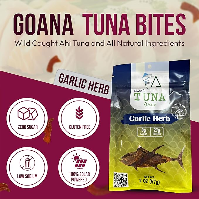 GOANA Tuna Jerky Bites Garlic Herb High Protein Fish Snack Wild Caught Ahi Tuna Keto Paleo Low Carb Sugar Free Gluten Free Low Sodium 2 oz (2 Pack)