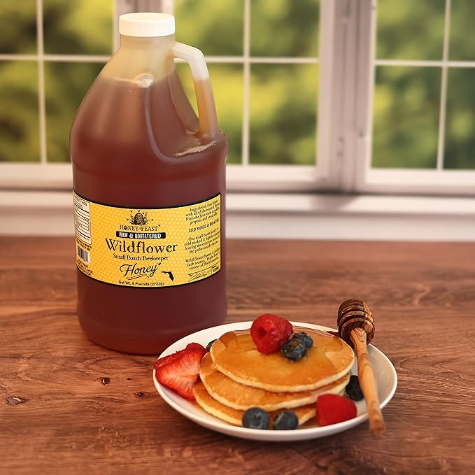 HONEY FEAST 6 Pounds (1/2 Gallon) Bulk Wildflower Honey All Natural Unfiltered Unheated Honey Perfect for Sweetening &amp Baking