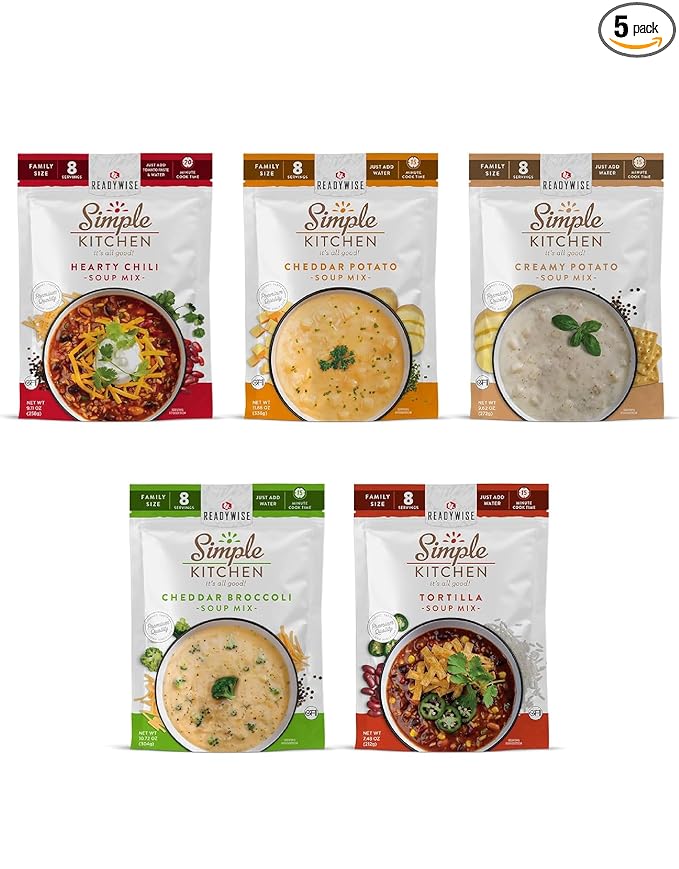 READYWISE - Simple Kitchen Soup Sampler Variety Pack 8 Servings Per Pouch Soup Mix Family Size MRE Gluten Free Freeze Dried Food Ready To Eat Meals Hiking &amp Backpacking Food Soup for Fa
