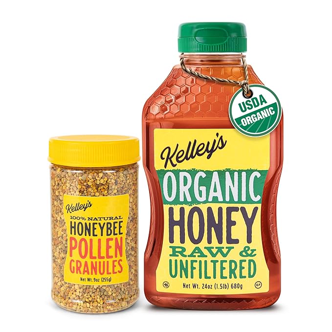 Kelley's Bee Pollen &amp Organic Honey (9 &amp 24 Oz Value Pack of 2) – 100% Raw Bee Pollen Granules GO Texan Certified – USDA Organic Raw &amp Unfiltered Honey
