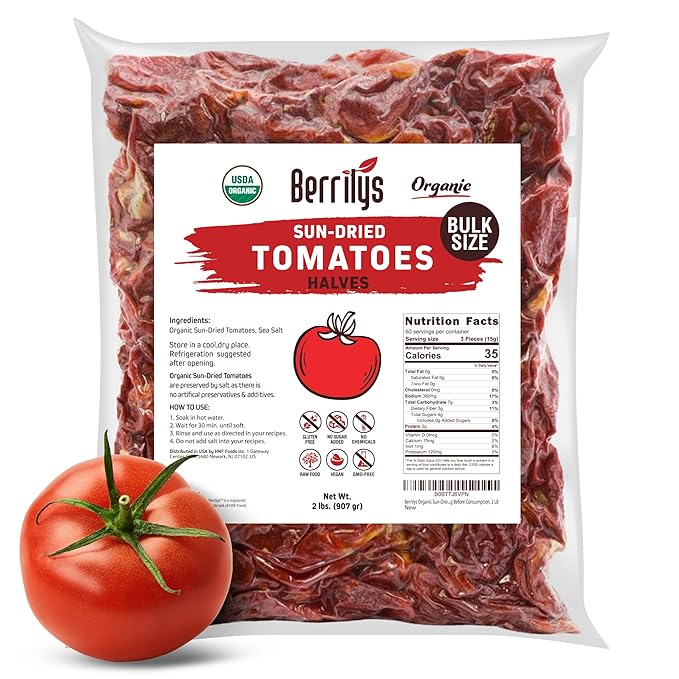 Sun-Dried Tomatoes 2 LBS USDA Organic Berrilys No Sulfur No Preservatives Seasalt is used as natural preservative Raw Non-GMO Great Ingredient for Baking and Cooking
