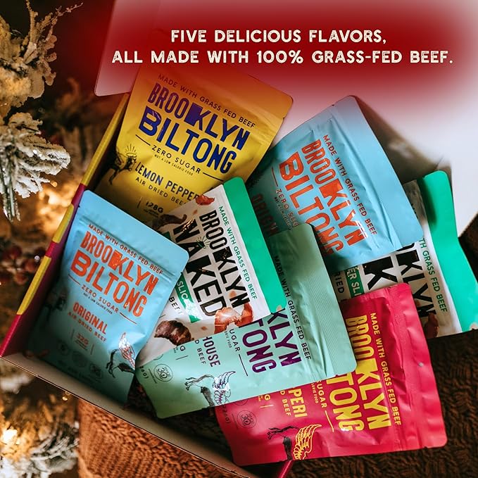 Brooklyn Biltong Beef Jerky Gift for Men (Biltong Gift Box Pack of 7) – Premium Air-Dried Grass-Fed Healthy Beef High Protein Keto &amp Gluten-Free Snacks Whole30 Biltong Box Made in USA