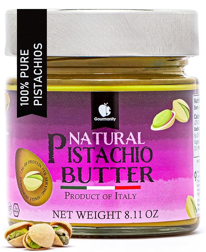 Gourmanity Pure Italian Pistachio Butter Spread 100% Nut Deliciousness Gourmet Pistachio Paste For Sweet And Savory Dishes No Added Sugar GF Vegan Keto and Paleo Friendly Kosher And Halal Certi