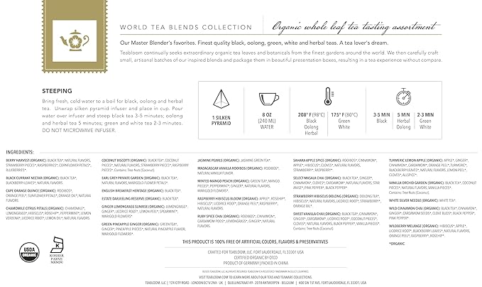 Teabloom - World's Finest Pyramid Tea Collection 24 Varieties of USDA Certified Organic &amp Kosher Teas - Black Tea Green Tea White Tea Oolong Tea and Herbal/Fruit Tea Blends