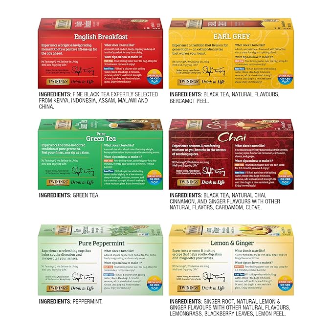 Twinings Variety Pack Tea Bags 25 Count (Pack of 6) Includes English Breakfast Earl Grey Lemon Ginger Peppermint Green and Chai Enjoy Hot or Iced 150 Teabags