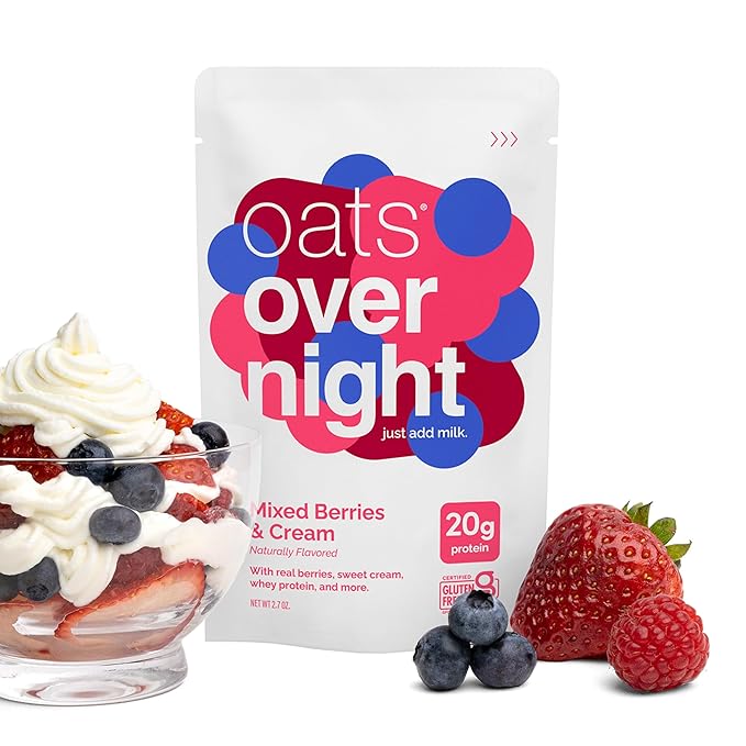 Oats Overnight Mixed Berries &amp Cream - Overnight Oats with 20g Protein High Fiber Breakfast Protein Shake - Gluten Free Oatmeal Non GMO High Protein Oatmeal (2.8 oz per meal) (24 Pack)