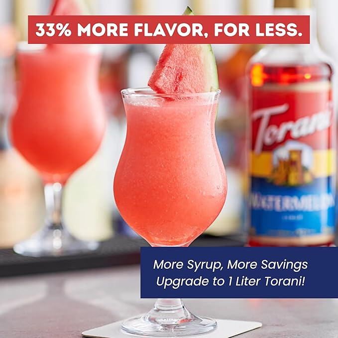 Torani Watermelon Syrup 1 Liter with Pump – Juicy Summer Flavoring for Drinks Cocktails &amp Mocktails – Pure Cane Sugar Natural Flavors BPA-Free Bottle – Refreshing Beverage Syrup