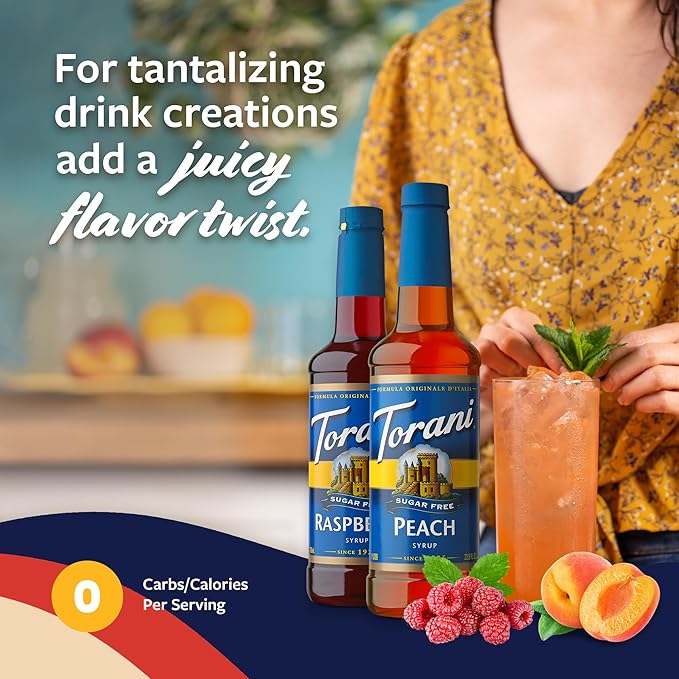 Torani Sugar Free Raspberry Syrup and Sugar Free Peach Syrup Variety 2-Pack Flavored Syrups for Drinks Pumps Included 25.4 Fl Oz Ea