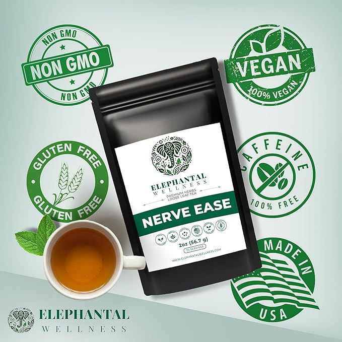 Elephantal Wellness Nerve Ease Herbal Tea | Calming Nervous System Support with Chamomile Tea Passionflower Lemon Balm Tea Valerian &amp St. John’s Wort | Loose Leaf Caffeine-Free 2oz 20 Servin