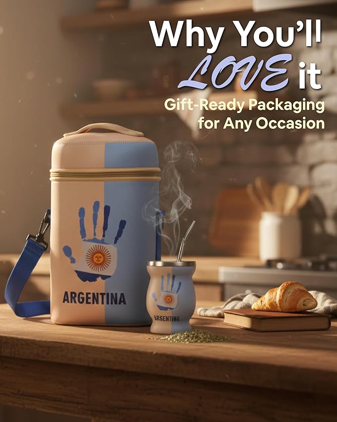 Yerba Mate Cup Set – Complete Argentine Yerba Mate Kit - 750 ml Stainless Steel Bottle Mate Gourd Bombilla Neoprene Bag Yerba Container &amp Gift Box (Mano Argentina)