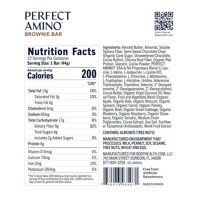 BodyHealth PerfectAmino Bar – Protein Energy Snack with 10g Protein Plant-Based MCTs Superfood Blend Non-GMO Gluten Dairy &amp Soy Free (Brownie 12 Pack)
