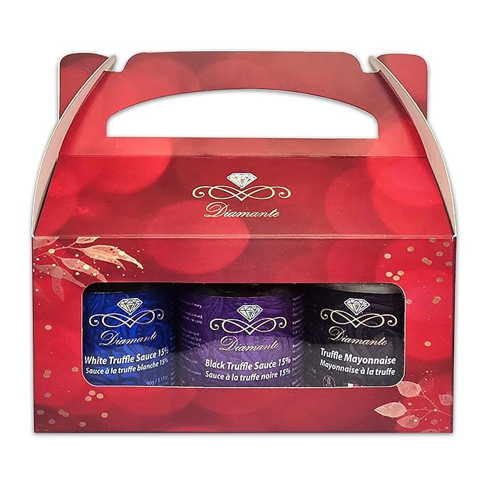 Diamante Italy Truffle Sauce Gift Box Set (3 jars x 90g) Including: 1pc of 15% White Truffle Sauce 90g 1pc of Truffle Mayonnaise 90g 100% Made in Italy