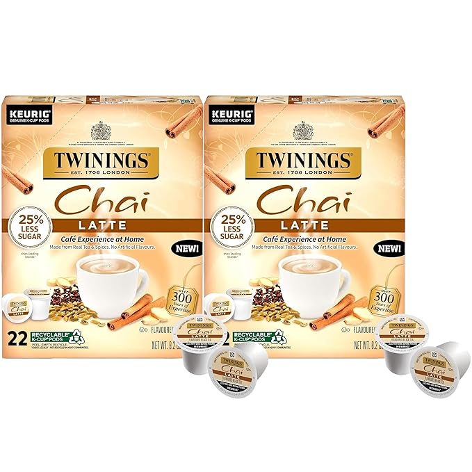 Twinings Chai Latte Black Tea Single Serve K-Cup Pods for Keurig 22 Count (Pack of 2) Creamy Slightly Sweet Less Sugar Caffeinated Enjoy Hot or Iced