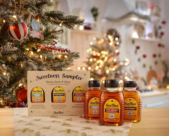 Sue Bee® Sweetness Sampler – 3 Pack Honey Gift Set | Original Hot &amp Sea Salt | Pure U.S. Farmed Certified | Gourmet Gift Set for Foodies Cooking Tea Charcuterie &amp Holiday Gifting 8 Ounce (