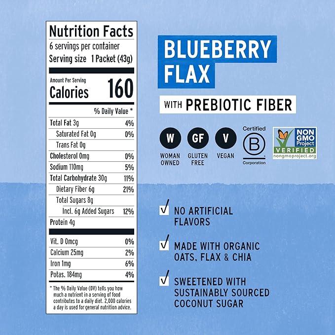Purely Elizabeth Classic Cinnamon Superfood Oatmeal with Prebiotic Fiber Gluten Free &amp Non-GMO 9.12 Oz (Pack of 6) (6 Pack Blueberry Flax)