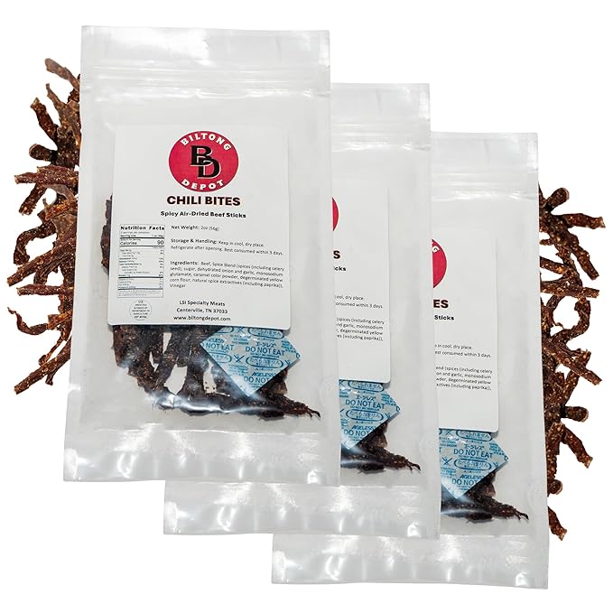 Biltong Depot Chili Bites - 2oz (3 Pack) | Thin Sliced Air-Dried Beef Sticks | Spicy Beef Jerky Snack | High Protein | Keto &amp Paleo Friendly | Zero Sugar | Gluten Free