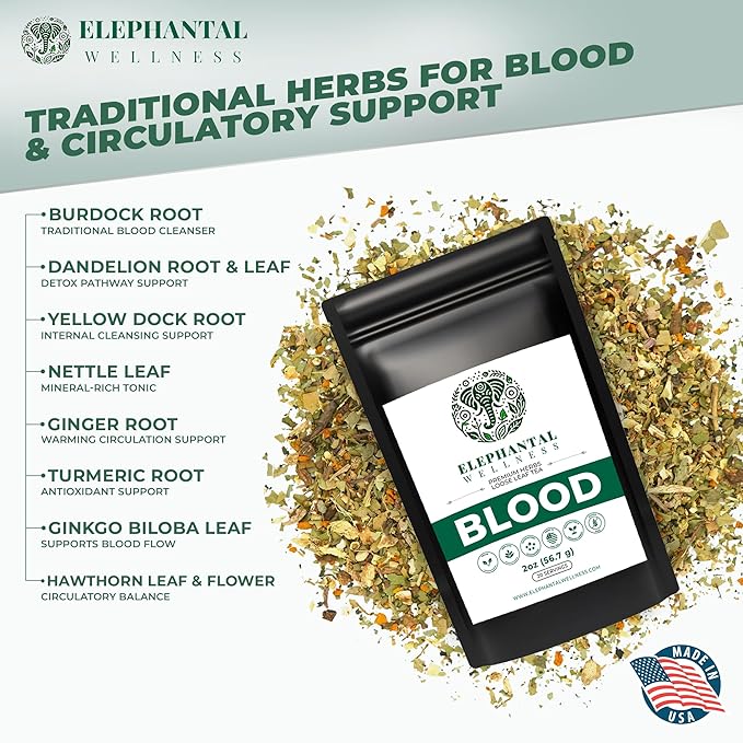 Elephantal Wellness Blood Herbal Tea – Herbal Loose Leaf Tea for Circulation &amp Internal Cleansing Support with Burdock Dandelion Nettle &amp Hawthorn – Caffeine-Free Wellness Tea 2oz 20 Servi