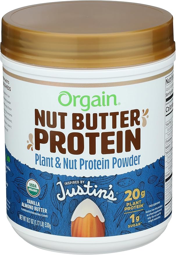 Orgain X Justin's ® Organic Vegan Nut Butter Protein Powder Vanilla Almond Butter- 20g Plant Protein 1g Sugar Gluten Free No Dairy Soy Ingredients or Artificial Flavors 1.17 lb