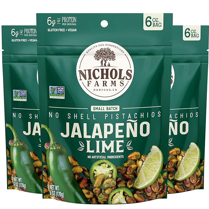 Nichols Farms Pistachios - Fresh Roasted No Shell Pistachio - Nutrient Rich Nuts Snack Packs - Non-GMO California Grown - Healthy Wonderful Tasting Party Snack - (Jalapeño Lime)