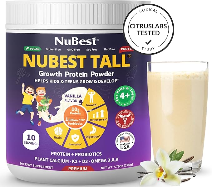 NuBest Tall Vanilla Plant-Based Protein Powder for Kids &amp Teens - Healthy &amp Immunity with Probiotics Omega 3-6-9 Vitamin D3 + K2 Calcium &amp Vitamins - 10 Servings | 2 Week Supply