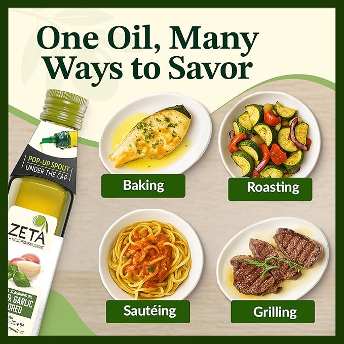 Zeta Extra Virgin Olive Oil Variety Pack 8.5 fl oz (4 Pack) | Basil &amp Garlic Lemon Hot Pepper &amp EVOO | Premium Glass Bottle with Pop-Up Spout | Cold-Pressed | Product of Spain | Ideal for B