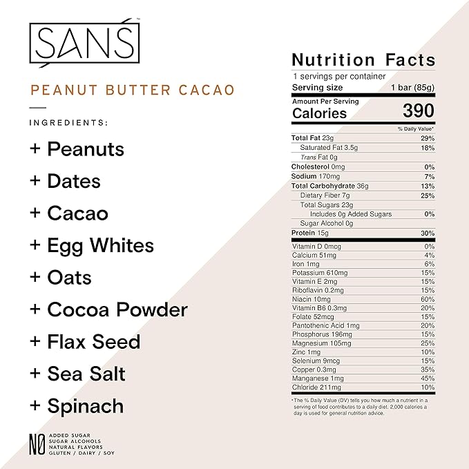 SANS Peanut Butter Cacao Meal Replacement Protein Bar | All-Natural Nutrition Bar With No Added Sugar | Dairy-Free Soy-Free and Gluten-Free | 15 Essential Vitamins and Minerals | (6 Pack)